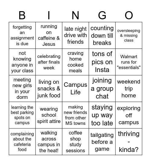 Mississippi College Campus Life Bingo Card