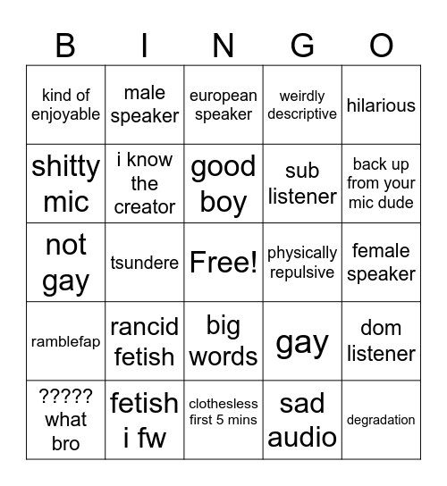 nsfw bingo Card
