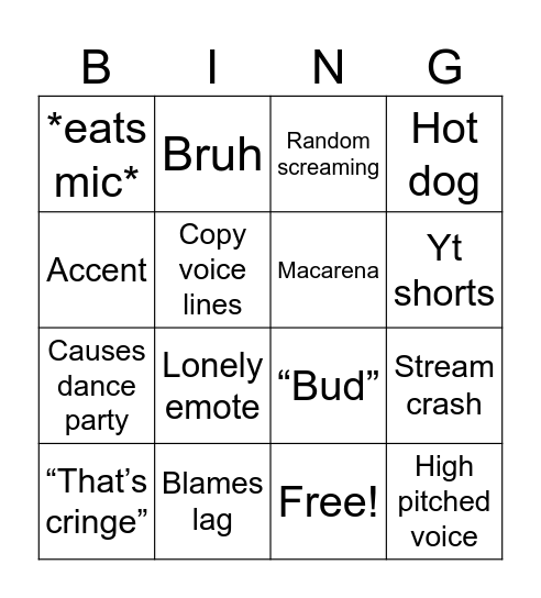 Stream bingo Card