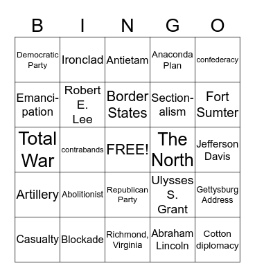 Civil War Bingo Card