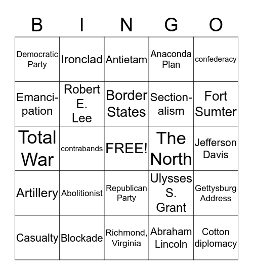 Civil War Bingo Card