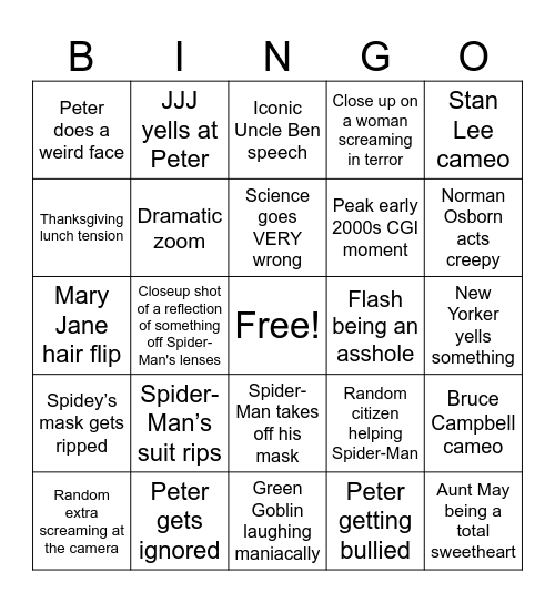 Spider-Man Bingo Card
