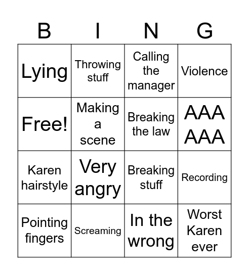 Karen Bingo Card