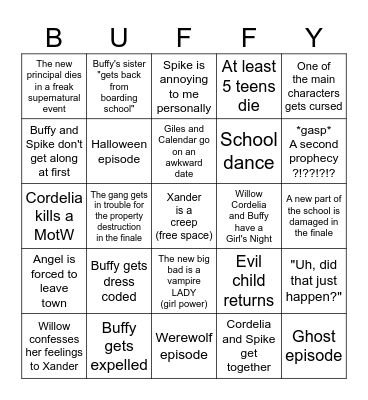 Buffy Season 2 Bingo Card