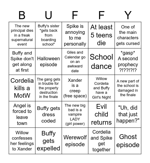 Buffy Season 2 Bingo Card