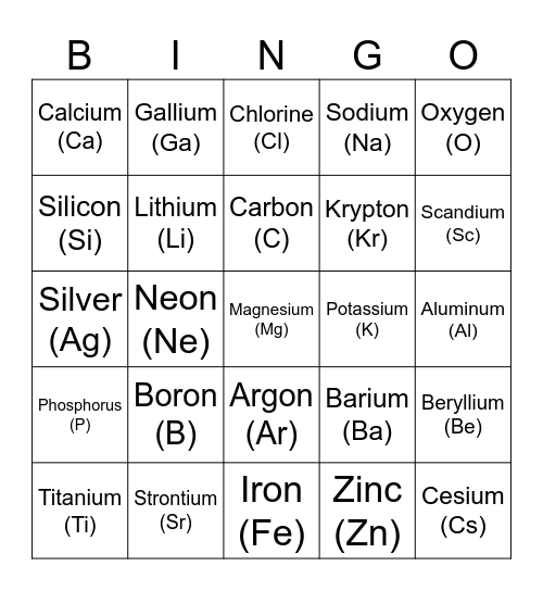 Periodic Table Bingo Card