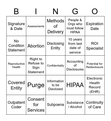 Health Information Professionals Week Bingo Card