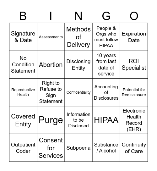 Health Information Professionals Week Bingo Card