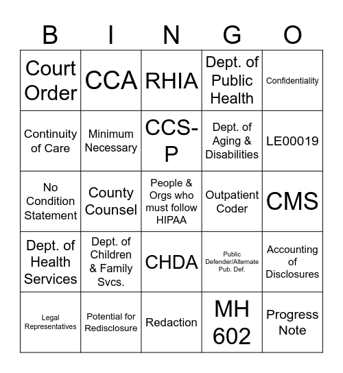 Health Information Professionals' Week Bingo Card