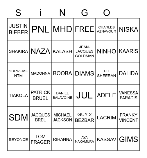 SINGO Bingo Card