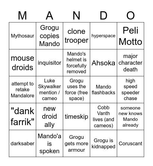 Mandalorian and Grogu bingo! Bingo Card