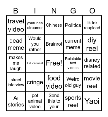 Instagram reel bingo Card