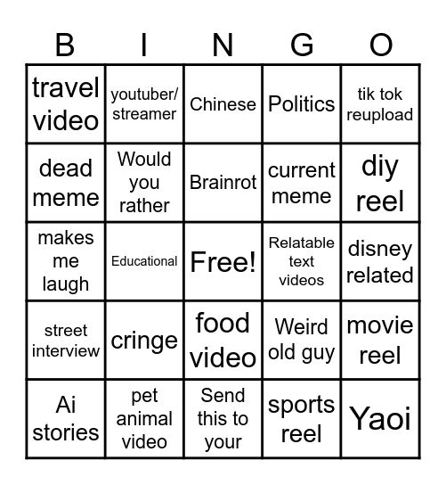 Instagram reel bingo Card