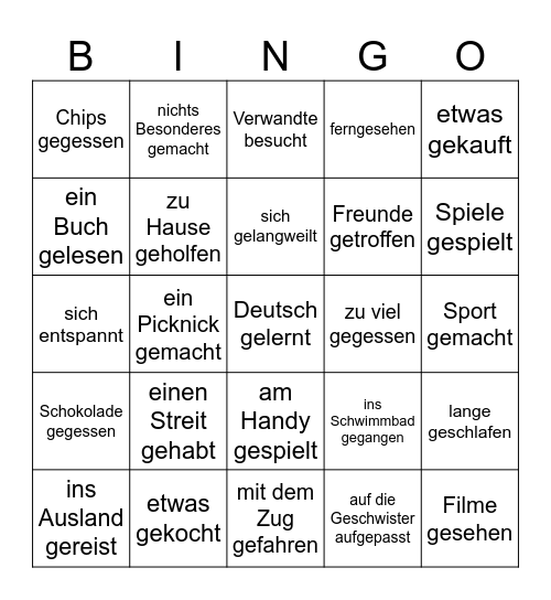Was hast du in den Ferien gemacht? Bingo Card