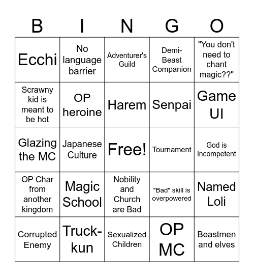 Isekai Bingo Card