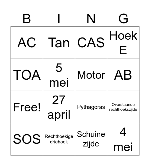 Wiskunde Bingo Card