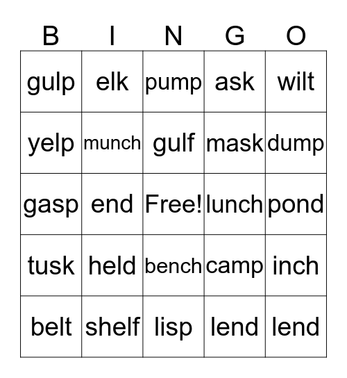 -mp, -nd, -sk, -sp, nch Bingo Card