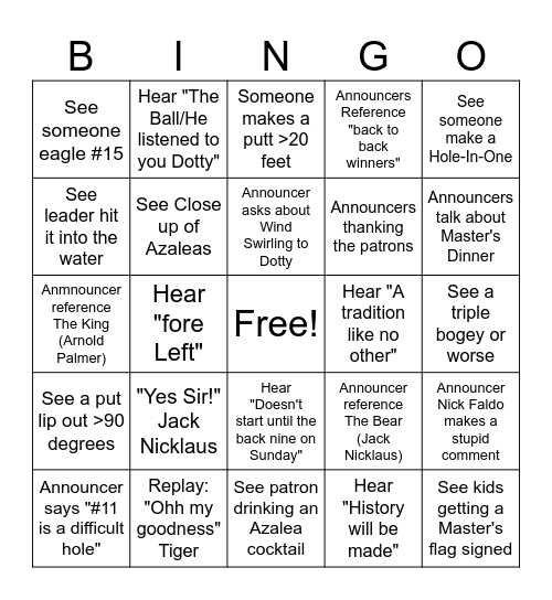 Master's Bingo Card