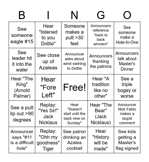 Master's Bingo Card