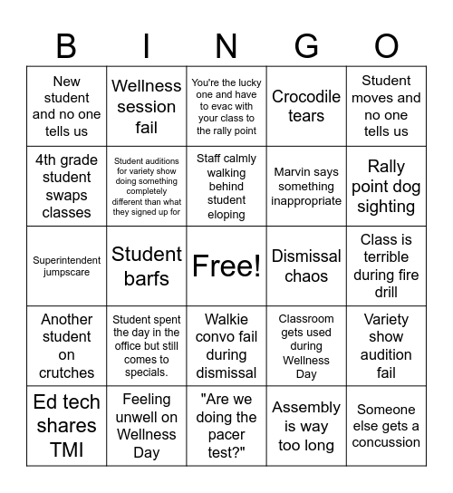 Week before April break BINGO Card
