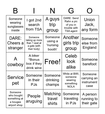 Airport Bingo, British Deb style Bingo Card