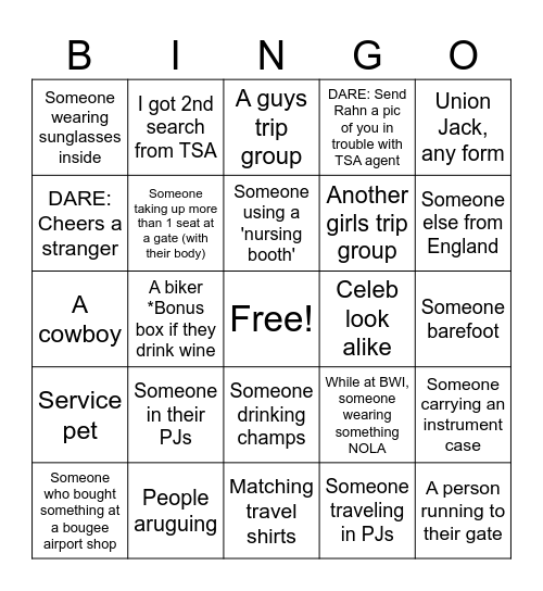 Airport Bingo, British Deb style Bingo Card
