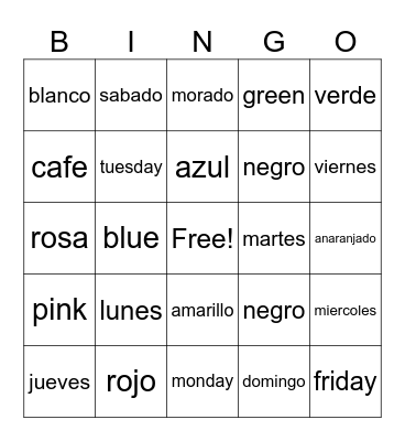 Spanish Colors and Day Review Bingo Card