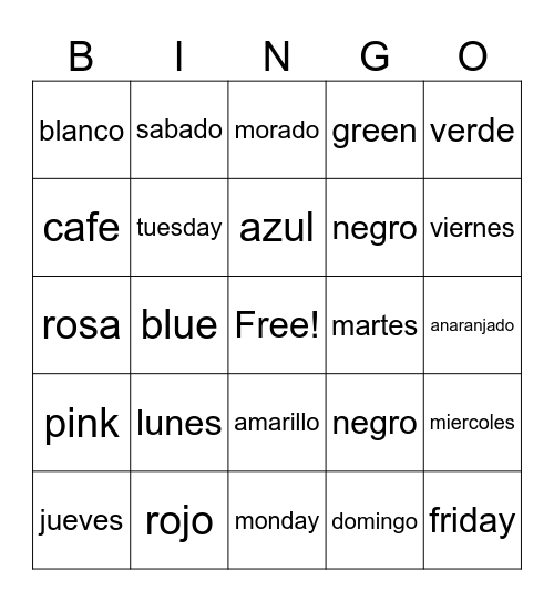 Spanish Colors and Day Review Bingo Card
