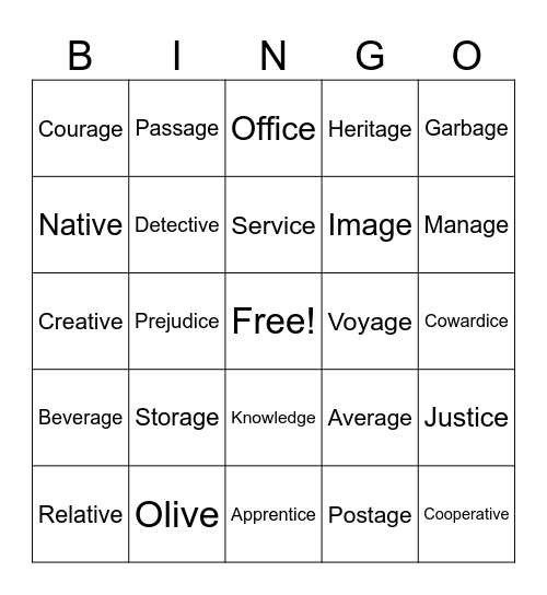 Spelling Bingo Card