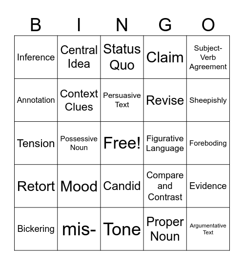 ELA Review BINGO Card