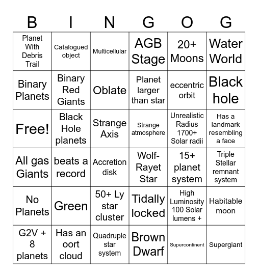 Space engine Bingo Card