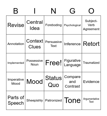 ELA Review BINGO Card