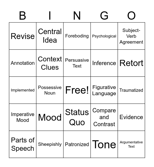 ELA Review BINGO Card
