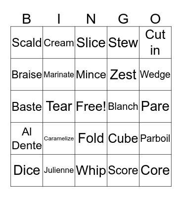 Food Prep Bingo Card