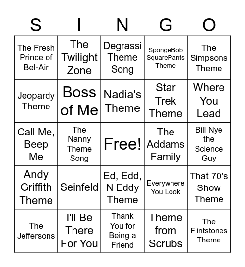 SINGO! TV Show Edition Bingo Card