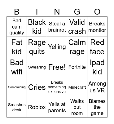 Kids crash out bingo Card