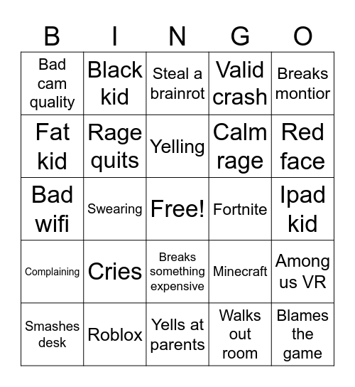 Kids crash out bingo Card