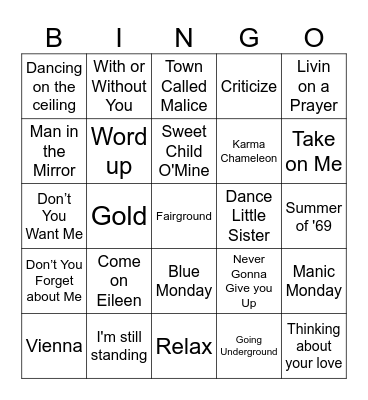 80's Music Bingo Card