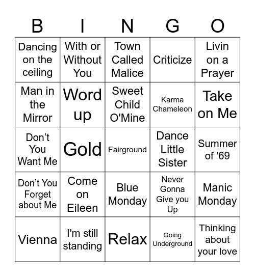 80's Music Bingo Card