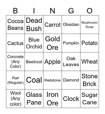 Minecraft Item Hunt Bingo Card