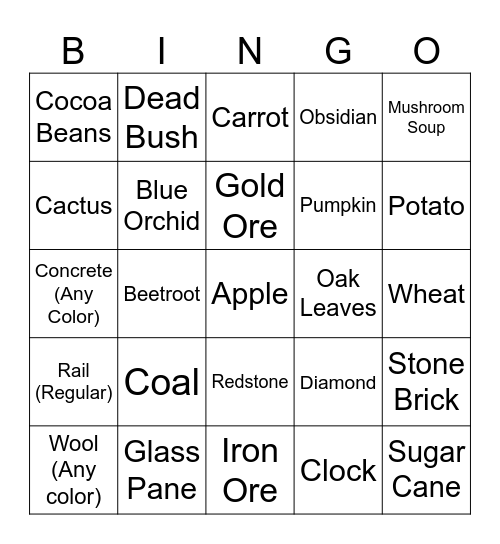 Minecraft Item Hunt Bingo Card