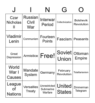 World War I and Interwar Period Jingo Bingo Card