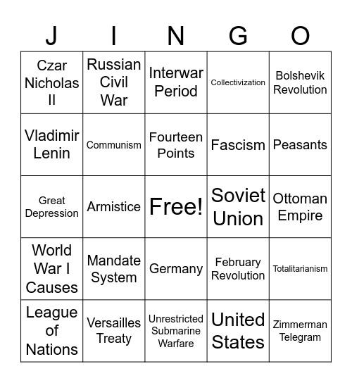 World War I and Interwar Period Jingo Bingo Card