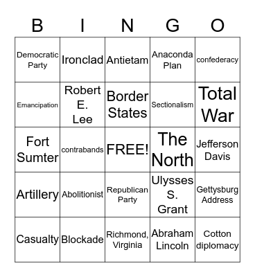 Civil War Bingo Card