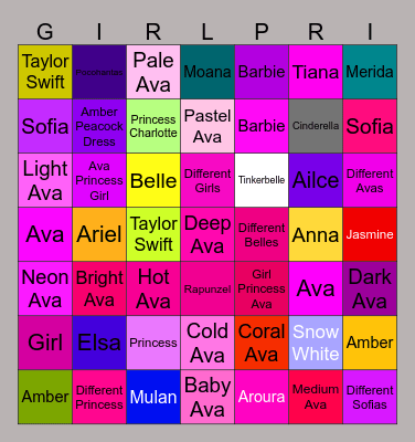 Ava Princess Girl Bingo Card