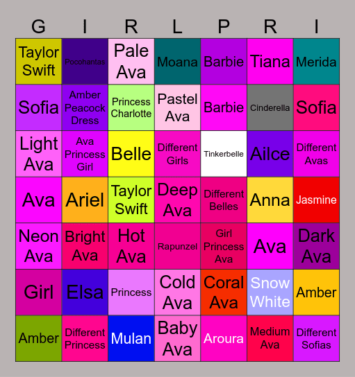 Ava Princess Girl Bingo Card