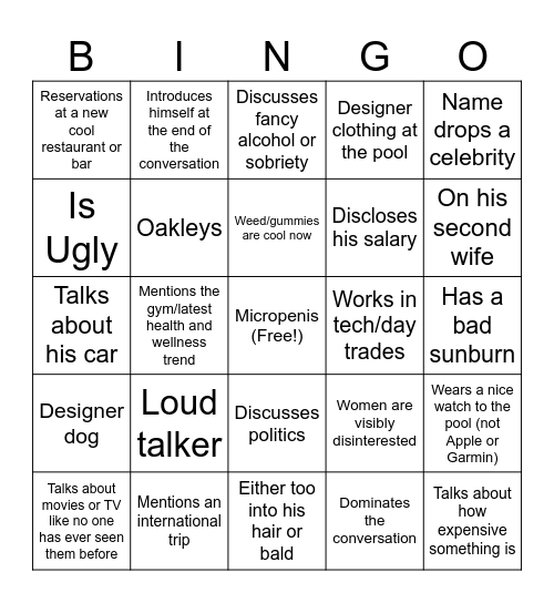 Douchebag Bingo Card