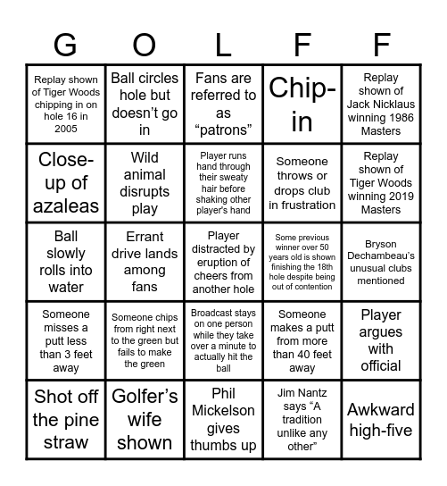 Masters Bingo Card