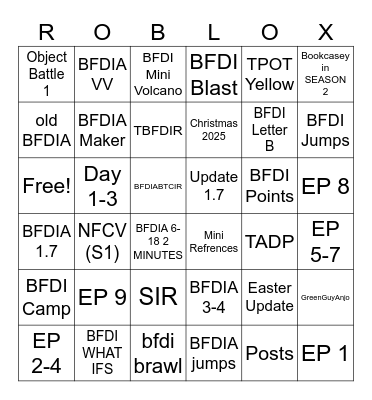 BFDIA Roblox, BFDI Brawl, and TPOT Roblox Bingo Card