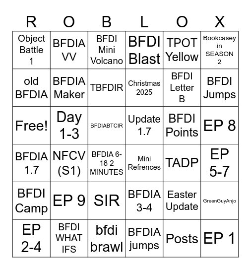 BFDIA Roblox, BFDI Brawl, and TPOT Roblox Bingo Card